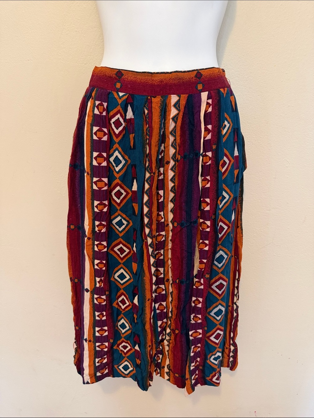 Requirements Multicolor Geometric Midi Skirt in Teal, Burgundy & Mustard